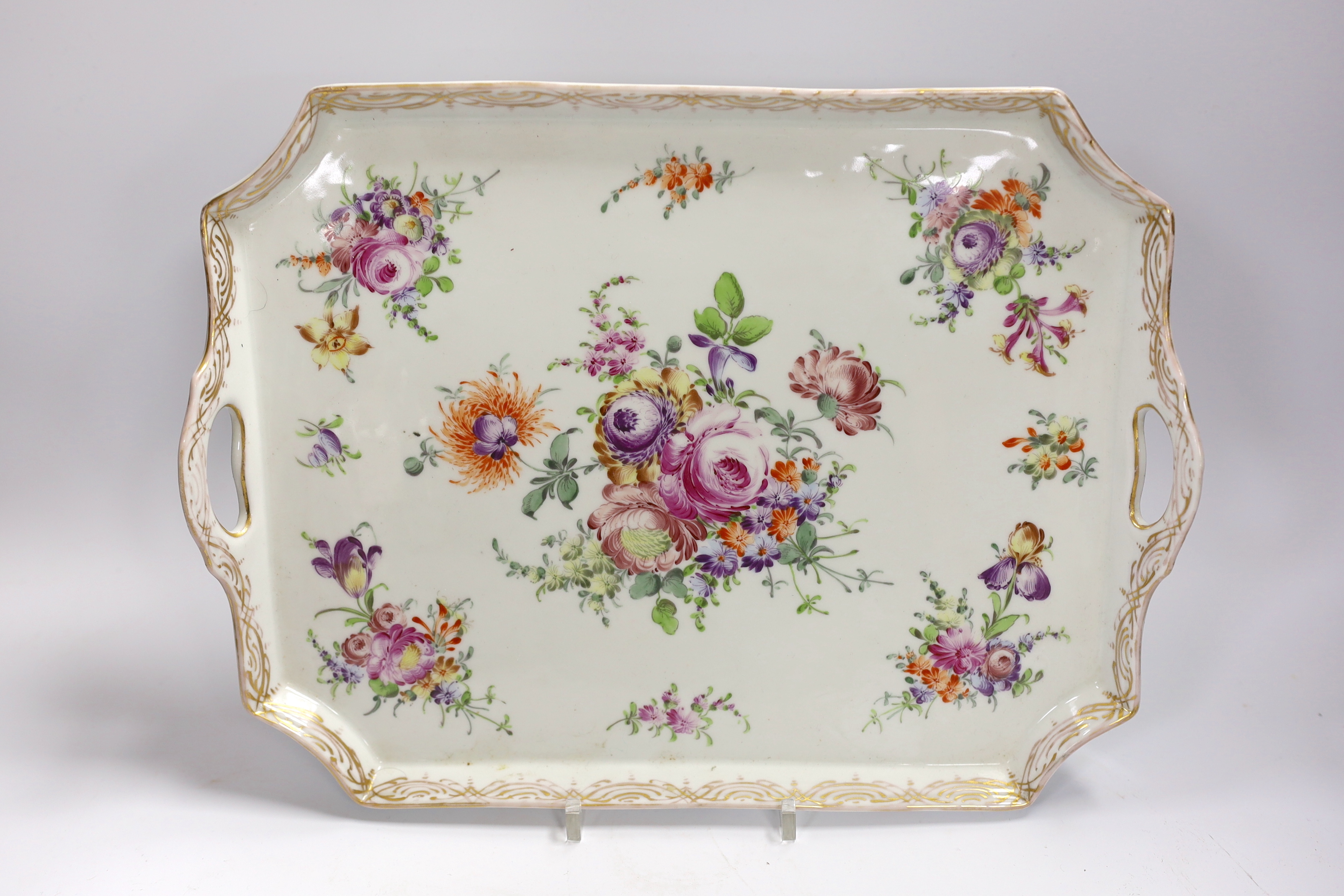 A Dresden porcelain floral dish, Cantagalli caddy and three Paris vases, largest 33cm wide